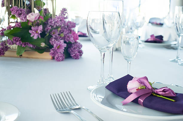 festive table setting in the restaurant with flowers. wedding decor. - table wedding flower bow imagens e fotografias de stock