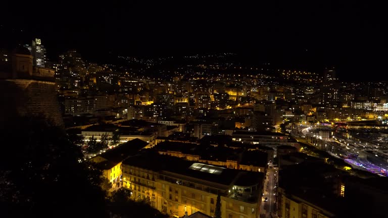 panning shot Aerial Monaco Monte Carlo harbour french riviera night