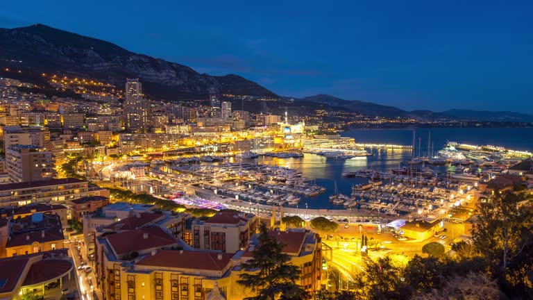 Time-lapse: Aerial Monaco Monte Carlo harbour french riviera night