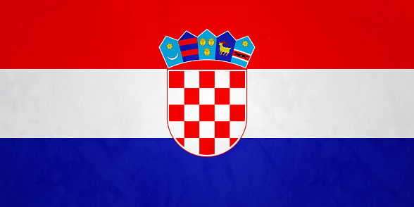 A horizontal tricolor of red, white, and blue with the Coat of Arms of Croatia in the center - the national flag of Croatia, adopted on 21 December 1990 with a proportion of 1:2.