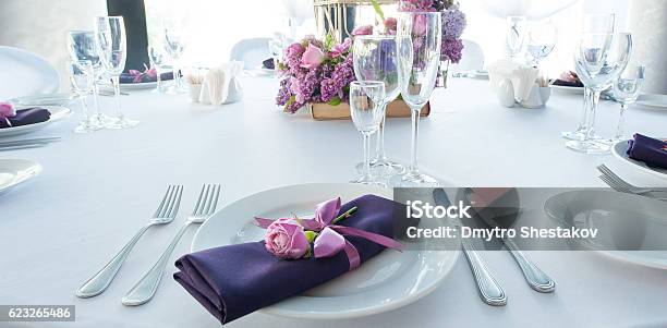 Festive Table Setting In The Restaurant With Flowers Wedding Decor Stock Photo - Download Image Now