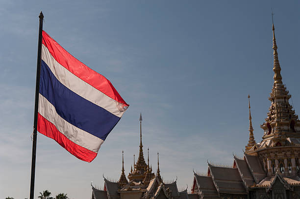 istock Thailand Flag with blue sky and traditional Thailand background 623266628