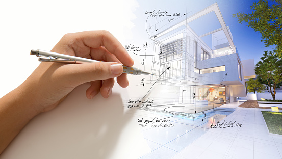 Hand writing on a luxurious villa 3D design