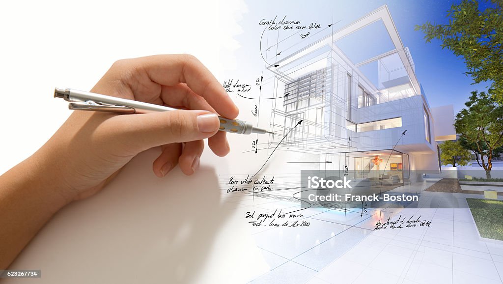 House finishing touch Hand writing on a luxurious villa 3D design Customized Stock Photo