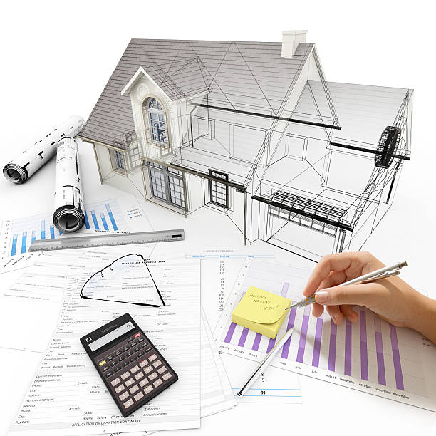 Housing project process 3D rendering Home Architecture model on top of a table with mortgage application form, calculator, blueprints, etc.. 3D rendering home design stock pictures, royalty-free photos & images