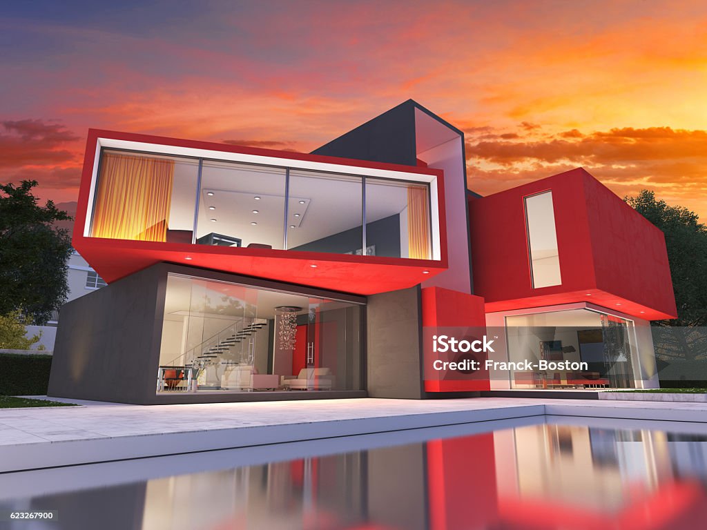 Modern red house Realistic 3D rendering of a very modern upscale red house Modern Stock Photo