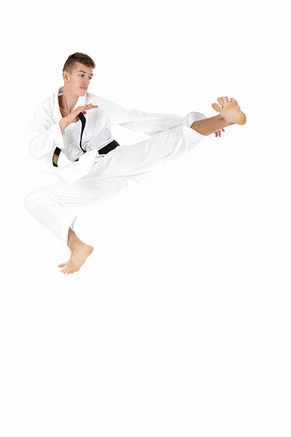 flying kick  - kicking tae kwon do martial arts flying fotografías e imágenes de stock