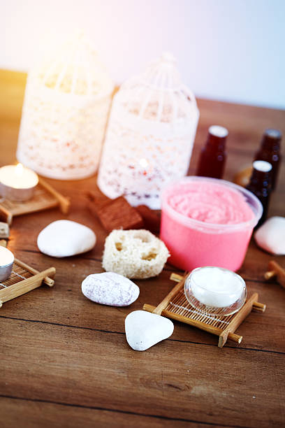 istock Spa background with candles and treatment 623271046
