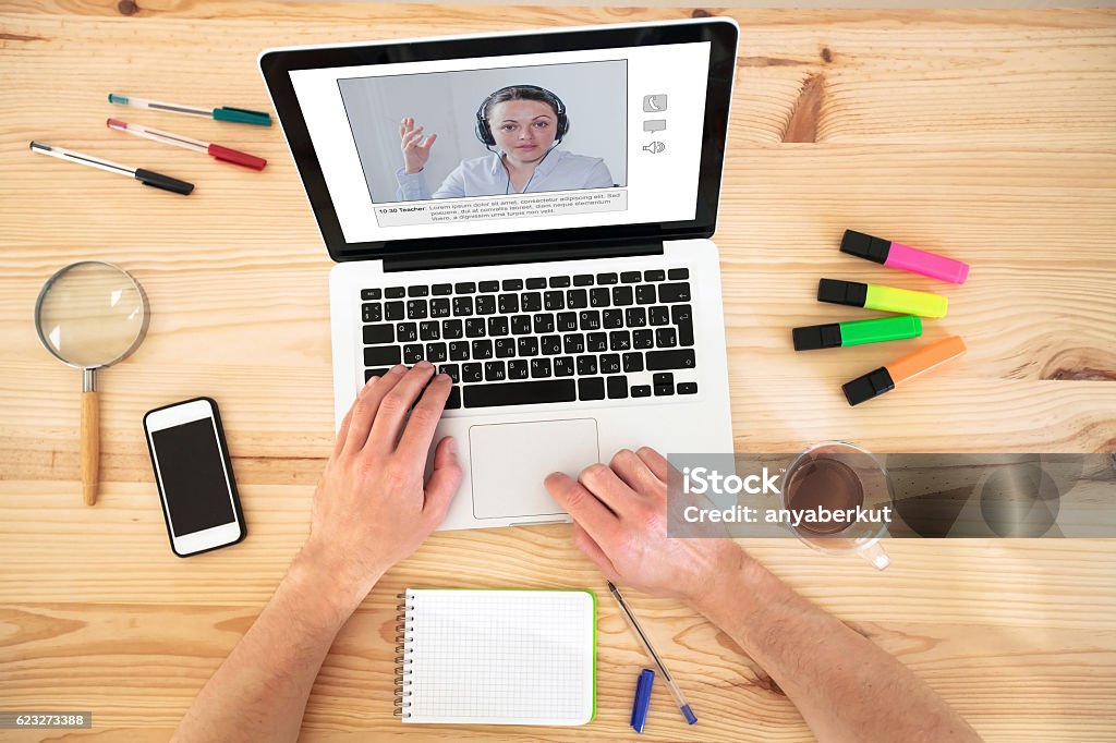 video conference or webinar, education online video conference, education online, coaching on internet or webinar Teacher Stock Photo