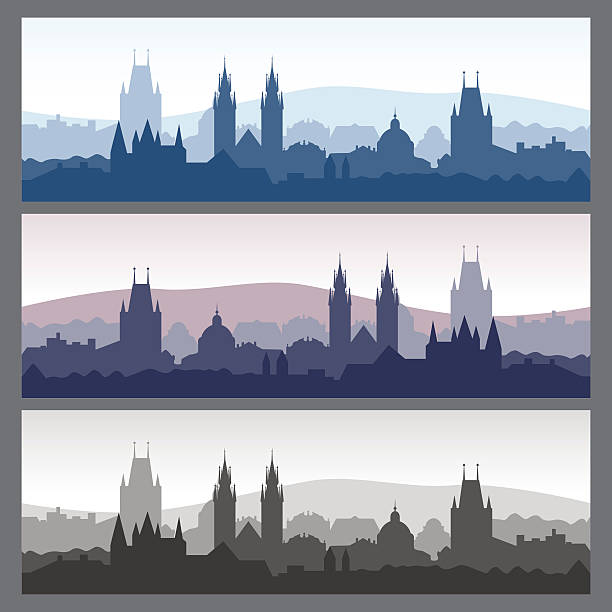 illustrations, cliparts, dessins animés et icônes de des horizons de ville sans couture. silhouettes de la vieille ville ensemble. - prague czech republic church skyline