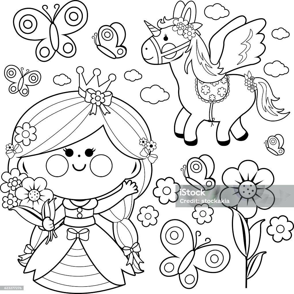 Princess fairytale set coloring page Beautiful princess holding spring flowers, unicorn and butterflies vector set. Black and white coloring page illustration Coloring stock vector