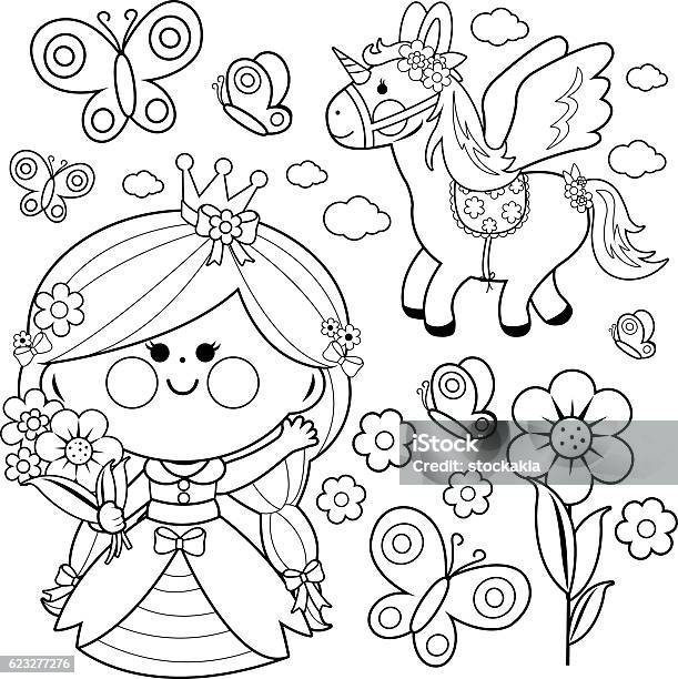 Princess Fairytale Set Coloring Page Stock Illustration - Download Image Now - Coloring, Unicorn, Child