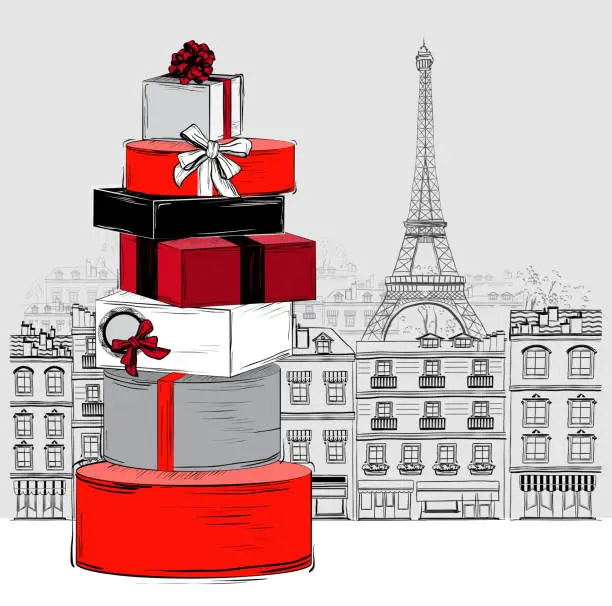 Vector illustration of Fashion Big pile of gift boxes on Paris background