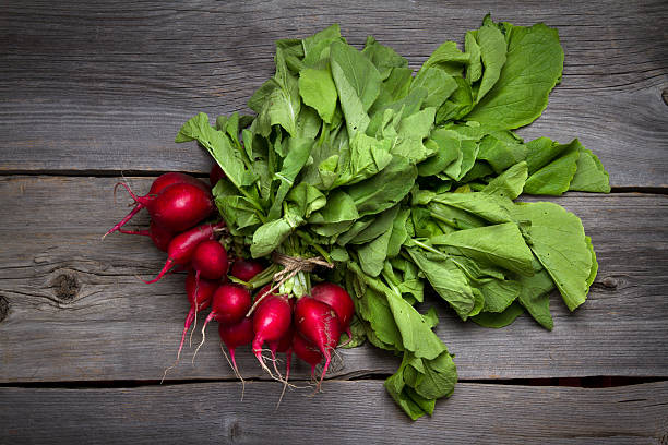 istock Fresh home grown radishes on old wooden boards 623280882