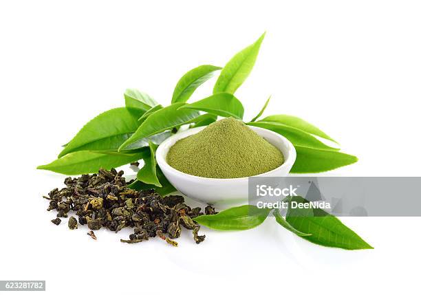 Powder Green Tea And Leaf On White Stock Photo - Download Image Now - Green Tea, Matcha Tea, Ground - Culinary