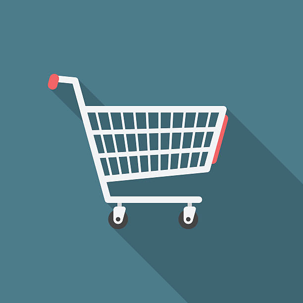 Shopping cart icon with long shadow. Shopping cart icon with long shadow. Flat design style. Shopping cart silhouette. Simple icon. Modern flat icon in stylish colors. Web site page and mobile app design vector element. cart illustrations stock illustrations