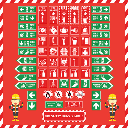 Set of Fire Safety Signs and Labels