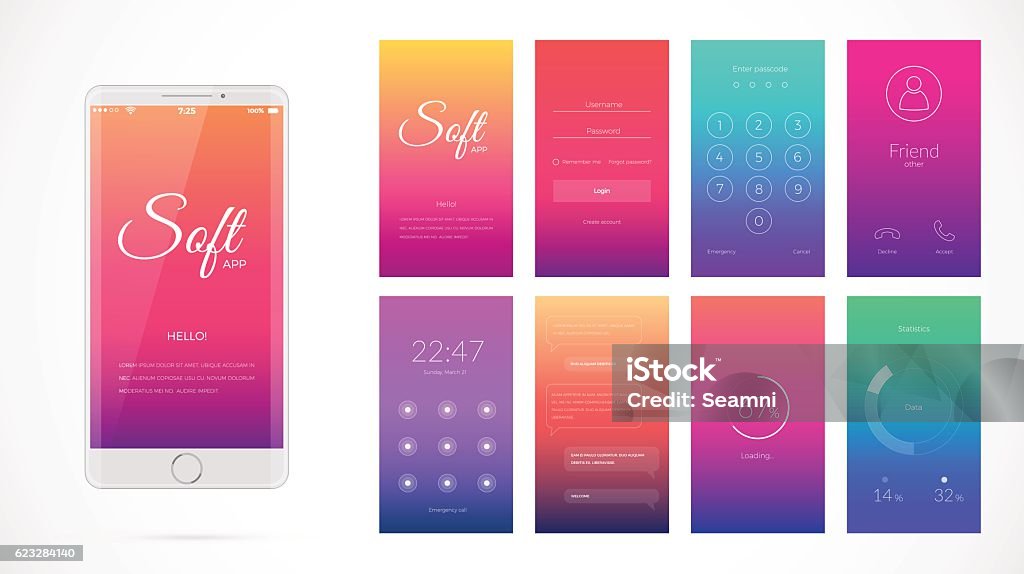 Modern UI screen design for mobile app with web icons. Modern UI, GUI screen vector design for mobile app with UX and flat web icons. Wireframe kit for Lock Screen, Login page, Enter Passcode, User call, Application Loading, Text Messages and Stats Chart. Graphical User Interface stock vector