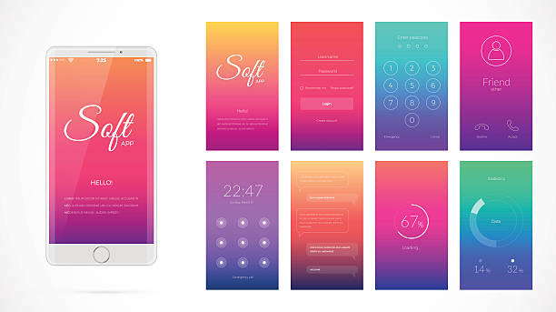 Modern UI screen design for mobile app with web icons. Modern UI, GUI screen vector design for mobile app with UX and flat web icons. Wireframe kit for Lock Screen, Login page, Enter Passcode, User call, Application Loading, Text Messages and Stats Chart. phone text message mockup stock illustrations