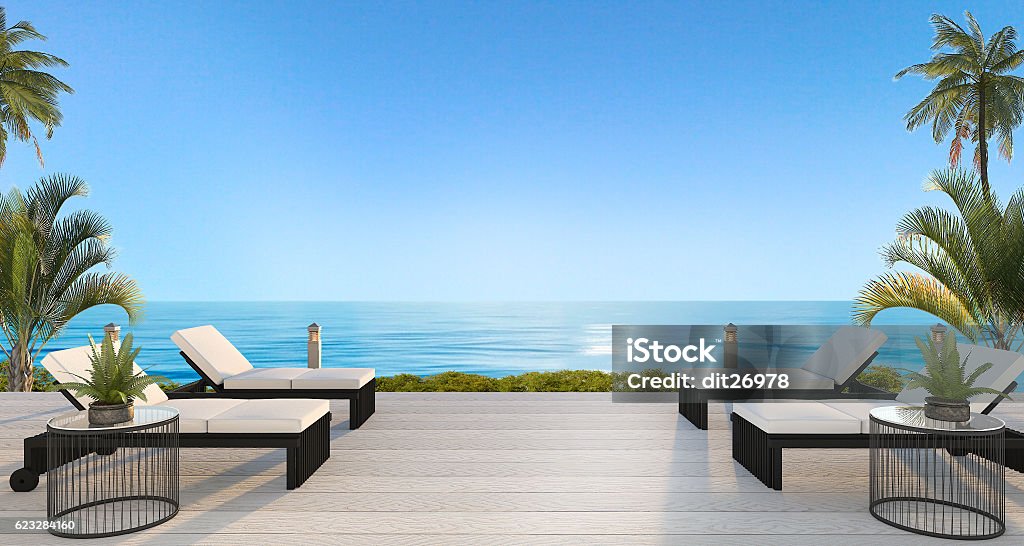 3d rendering outdoor beach bed near beach with beautiful sky 3D Rendering By 3Ds max 2016 Looking At View Stock Photo