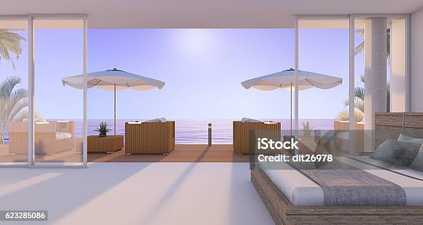 3d Rendering Wonderful Bedroom In Twilight Scene Stock Photo - Download Image Now - Looking At View, Looking Through Window, Scenics - Nature