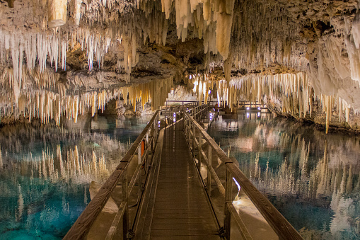 mirror reflections of stalactites at the crystal caves in bermuda