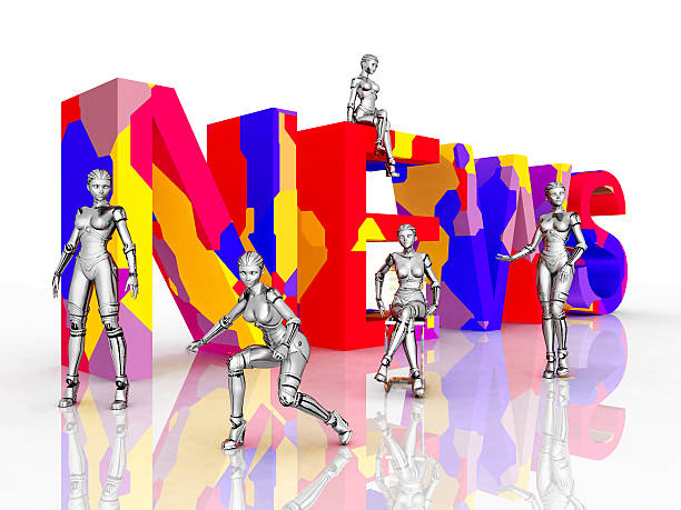 Computer generated 3D illustration with female robots and the word News