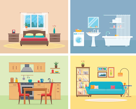 Apartment inside. Detailed modern house interior. Rooms with furniture. Flat style vector illustration.