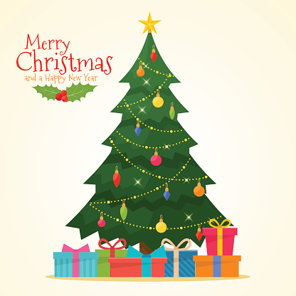Decorated christmas tree with gift boxes, star, lights, decoration balls and lamps. Merry Christmas and a happy new year. Flat style vector illustration.