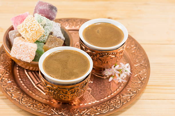 istock Coffee and Turkish delight in a copper cups 623291376