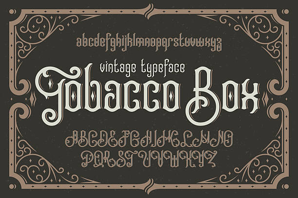 Vintage vector typeface named "Tobacco Box" with a beautiful dec Vintage vector typeface named "Tobacco Box" with a beautiful decorative frame gothic style stock illustrations