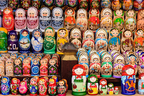 Colorful Matryoshka dolls at the market. stock photo