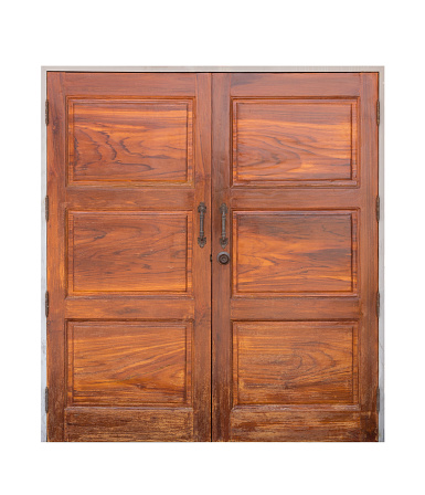 old double wood door isolated on white background with clipping path