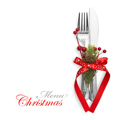 Christmas menu concept with red bow and fir branches isolated