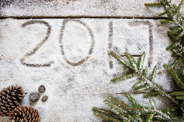 istock 2017 on white snow wallpaper with natural symbols, top view 623294096
