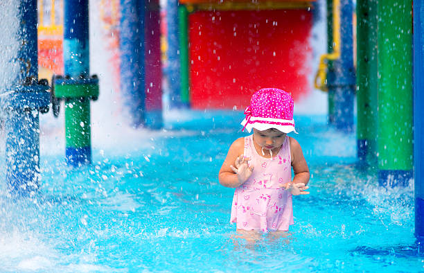 little girl  afraid of water in aqua park - unwillingness imagens e fotografias de stock