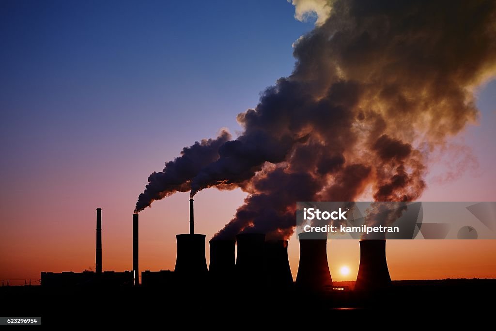 coal fired power station silhouette at sunset, Pocerady, Czech republic Coal Stock Photo