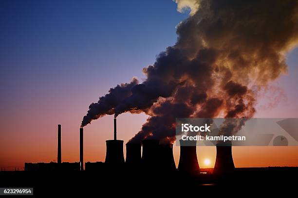 Coal Fired Power Station Silhouette At Sunset Pocerady Czech Republic Stock Photo - Download Image Now