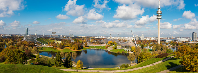 Munich, Germany - November 3, 2016: Panoramic view over the olymic park in Munich. The park was built for the olympic games in 1972. Nowadays it is used for concerts, sport events and many other events.