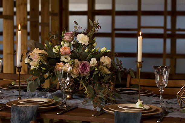 istock Laid Table By wedding banquet in a wooden barn. 623298624