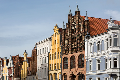 Gables of patrician houses in the Hanseatic City of Stralsund (Mecklenburg-Vorpommern, Germany). The old town of Stralsund with a lot of patrician houses is a part of the UNESCO World Heritage Site since 2002.
