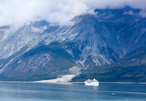The view of a cruise liner exploring Glacier Bay national park (Alaska).