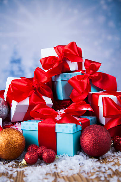 istock Christmas balls, Gift box with red ribbon, Holiday 623304848