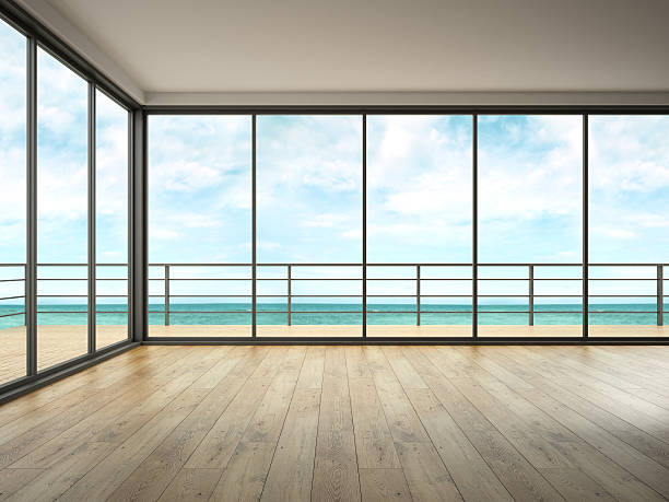 istock Interior of empty room with sea view 3D rendering 623346860