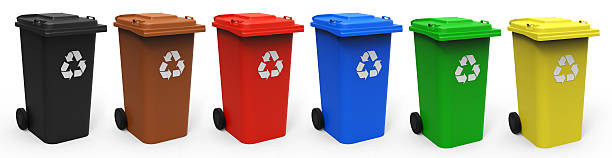 Recycle bins Different colors recycle bins isolated on white background 3D rendering recycle symbol cut out stock pictures, royalty-free photos & images