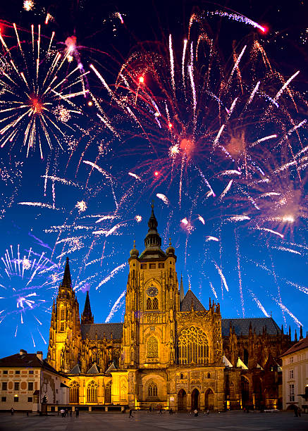istock Festive fireworks over the Saint Vitus's cathedral, Prague,  Czech Republic 623348812