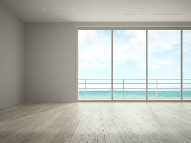 istock Interior of empty room with sea view 3D rendering 623348970