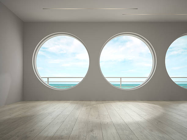 istock Interior of empty room with sea view 3D rendering 623349152