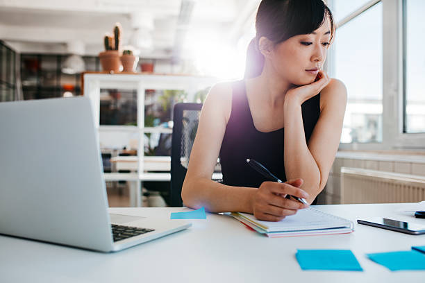 istock Young asian woman working at her desk 623350276