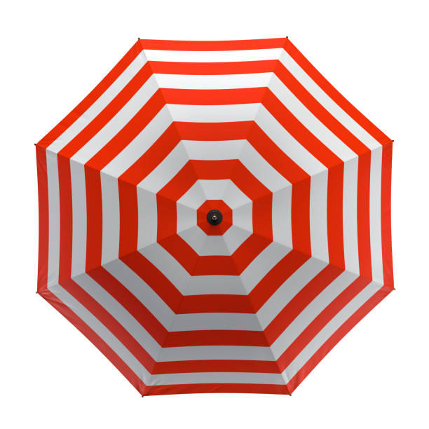 istock Summer beach red umbrella isolated on white background. 3D illustration . 623351802
